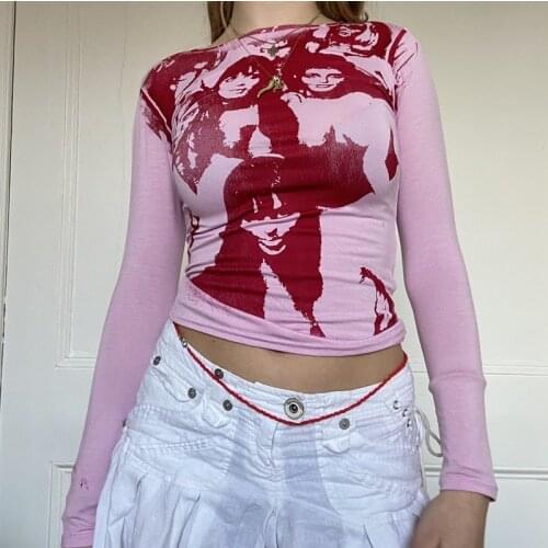 Gothic Printed T-shirt E-girl Women Long Sleeve Sweats Tee Shirt Y2K Aesthetic Harajuku Punk Hip Hop Style Crop Top Streetwear
