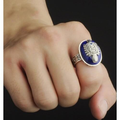 The Vampire Diaries Rings 100% 925 Sterling Silver Damon Salvatore Ring Mens With Lapis Lazuli Gem Natural Stone Fine Jewelry