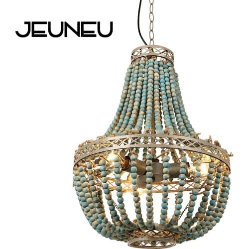 Rustic Retro Loft Vintage Pendant Lamp E27 E26 Led Blue Wooden Beads Hanging Lamp Industrial Decor Lights for Living Room Hotel