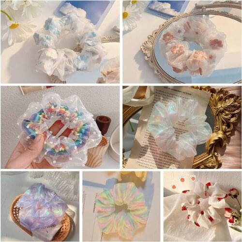 Sweet Embroidery Flowers Mesh Scrunchies Women Romantic Pink Blue Hair Rope Transparent Tulle Organza Hair Ties Hair Accessories