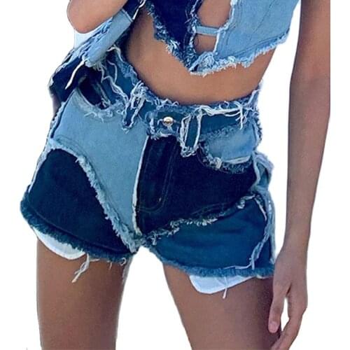 2021 Summer New Women Contrast Color Patchwork Slim High Waist Hole Tassel Denim Shorts