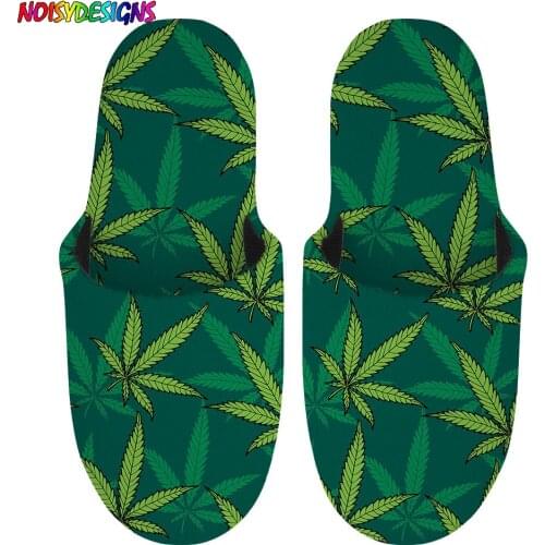 NOISYDESIGNS Green Weed Leaves Printing Women Plush Slipper Casual Indoor Footwear Travel Portable Fleece Slippers for Ladies