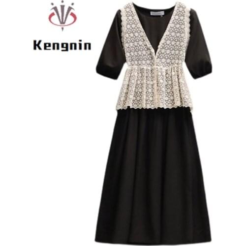 2021 Summer New Plus Size 5XL Women Dress Loose Black Dresses + Lace Vest Two Piece Set Office Lady Suit Female Clothes KE1053