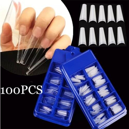 100PCS Ballerina Fake Nails Clear/White Acrylic False Fake Nails Quick Building Mold Tips Coffin French Long Straight Nail Tips