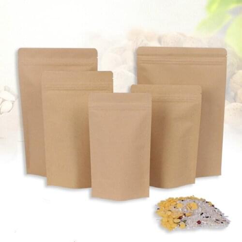 100pcs Right angle Reclosable Package Flat Pouch Tear Notch Brown Kraft ZipLock Mylar Stand Up Bag Wholesale