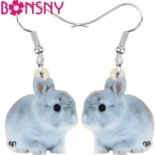 Bonsny Acrylic Easter Gray Hare Rabbit Bunny Pet Earrings Long Cute Animal Dangle Drop Jewelry Women Kid Fashion Gift Decoration