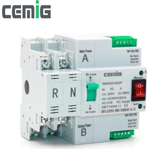 ATS Dual-Power Automatic Transfer Switch Uninterrupted Power SMGQ2-63/2P AC 230V 16A to 63A Household 35mm Rail Installation