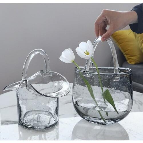 Bag Vase Ornaments For Living Room Flower Arrangement Transparent Glass Hand Basket Modern Simplicity декор для дома вазы