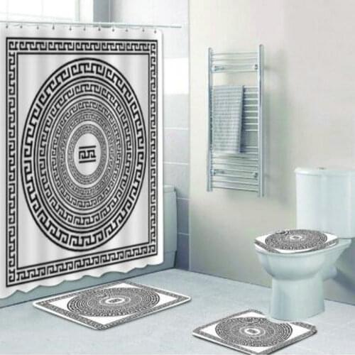 Ancient Ethnic Greek Key Bathroom Shower Curtains Set Traditional Meander Border Non-Slip Rug Toilet Lid Cover Flannel Bath Mat