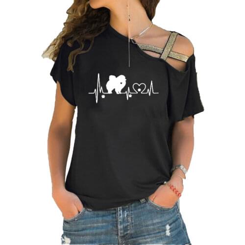 Pomeranian Heartbeat Harajuku T Shirt Funny Summer Women Irregular Skew Cross Bandage Tshirt
