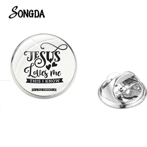 Jesus Loves Me Bible Quote Glass Brooch Religion Faith High Quality Stainless Steel Coat Lapel Pins Badge Christian Gifts