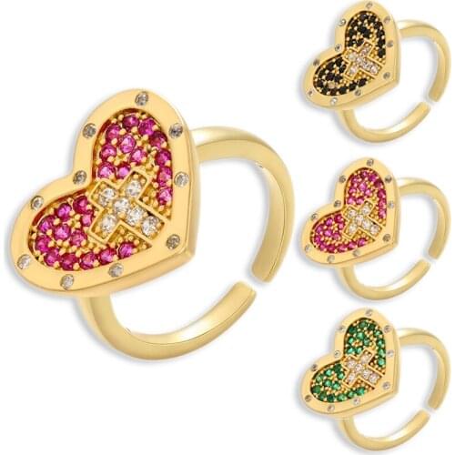 Exquisite Colorful Heart Cross Rings for Women Girls Cubic Zirconia Micro Inlaid Adjustble Juses Christian Fashion Jewelry Gift