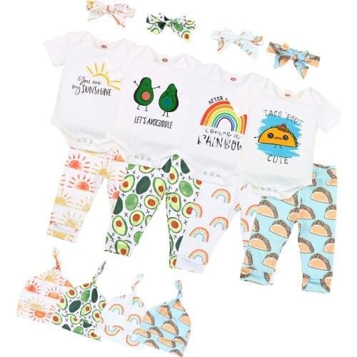 FOCUSNORM Infant Baby Girls Boys 4Pcs Outfits Short Sleeve Cartoon Print Romper + Pants + Hat + Headband Clothes Set