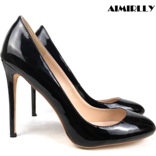 Womens Shoes High Heels Pumps Round Toe Low Cut Toe Cleavage Patent Leather Black Ladies Evening Party Heels Slip On Aimirlly