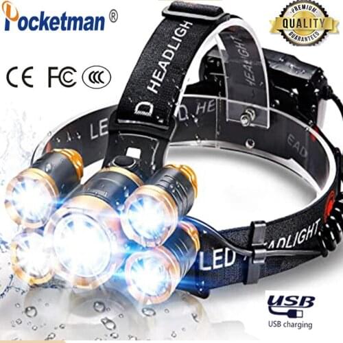 8000 Lumens 5 Led Headlamp XML T6 Powerful Taclical Torch Led Headlight with 18650 battery Waterproof Flashlight Lights for Camp