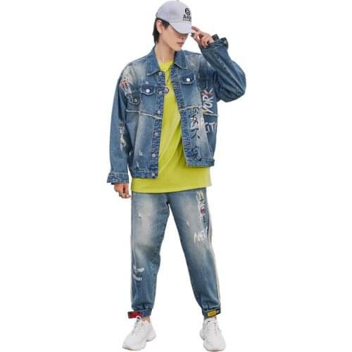 Men Two Pieces Set New Fashion Blue Denim Jacket Pant Sportswear Men Tracksuit Autumn Men Brand Clothes Jeans Jacket+Pants Sets