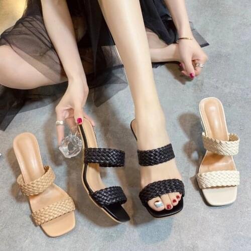 2021 Summer Women Mules Design Slippers Sandal Slides Ladies Braided Cord 7cm Transparent Fretwork Heels Female Elegant Shoes