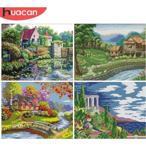 HUACAN Cross Stitch Scenery Kits 11CT 14CT DIY Gift White Canvas Home Decoration Embroidery Landscape Sets Needlework