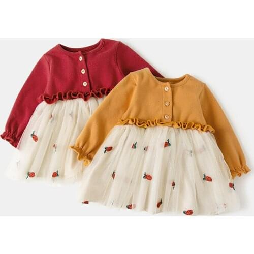 2018 new fashion Baby Girls Long-Sleeved Dress Fashion Newborn cute Clothing Long sleeve stitching Fruit gauze