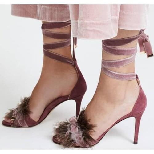 Summer New Luxury Brand Women Blue Pink Velvet Synthetic Fur Cross Lace Up Open Toe Bows Thin Heels Party Dress Sandals Shoes