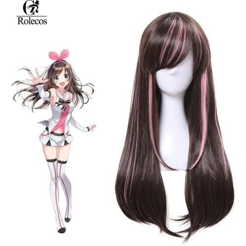 ROLECOS Kizuna AI Cosplay Headwear Virtual Youtuber AI Synthetic Hair 60cm Brown and Pink Long Straight Women Synthetic Hair Cos