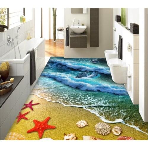 Modern Custom 3D floor mural Beach beach shellfish dolphin starfish self-adhesive PVC Wallpaper