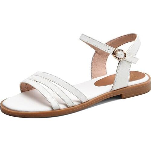 Genuine Leather Women Sandals Block Heel Flat Sandals Open Toe Buckle Summer Shoes Female 2020 Black White