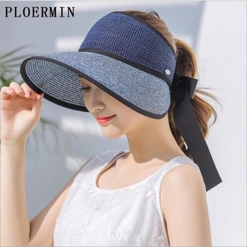 PLOWEMIN Fashion Straw Sun Hat Foldable Empty Top Hats Women Summer Travel Sunscreen Hats Wide Brim Bowknot Beach Caps