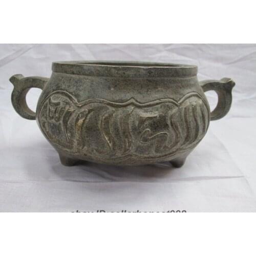 Tibet old Bronze Copper carving Tibetan Text Temple Joss Incense Burner Censer