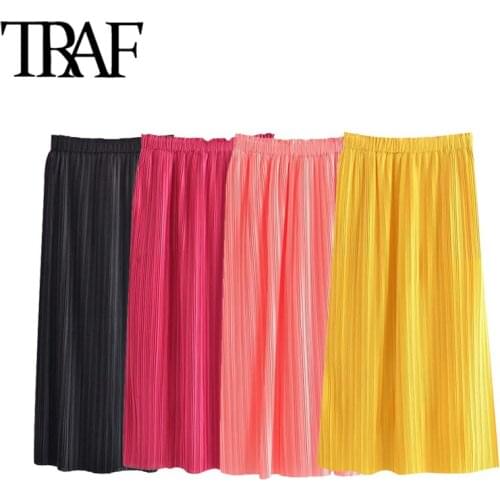 TRAF Women Chic Fashion Candy Color Pleated Midi Skirt Vintage High Elastic Waist Female Skirts Mujer