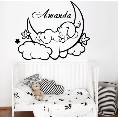Little Angel Moon Cloud Custom Baby Names Vinyl Self Adhesive Star Sleeping Wallpaper For Kids Rooms Vinyl Art Decal