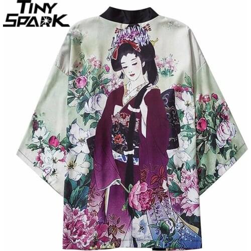 Japanese Kimono Jacket Floral Geisha Harajuku 2021 Hip Hop Men Japan Streetwear Jacket Summer Thin Clothing Loose Kimono