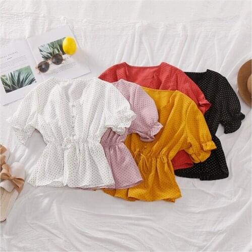 Womens Clothing 2021 Summer Polka Dot V-Neck Short Sleeve Shirt Chiffon Blouse Korean Elegant Woman Top Fashion Ladies Tops