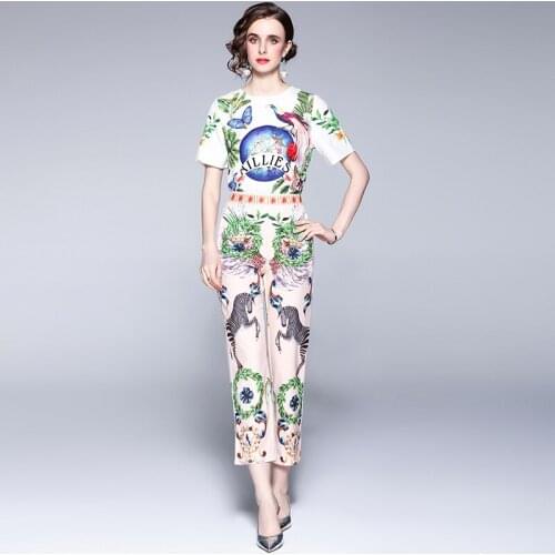 2021 Summer Fashion Floral Print Suit Women O Neck Short Sleeve TShirts Tops + Hight Waist Slim Long Pants 2 Pieces Set