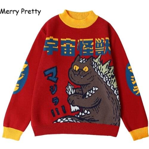 Merry Pretty Autumn Winter Ladies Thick Warm Sweater Monster Funny Pullovers Knit Jacquard Turtleneck Jumper Women Red Knitwear