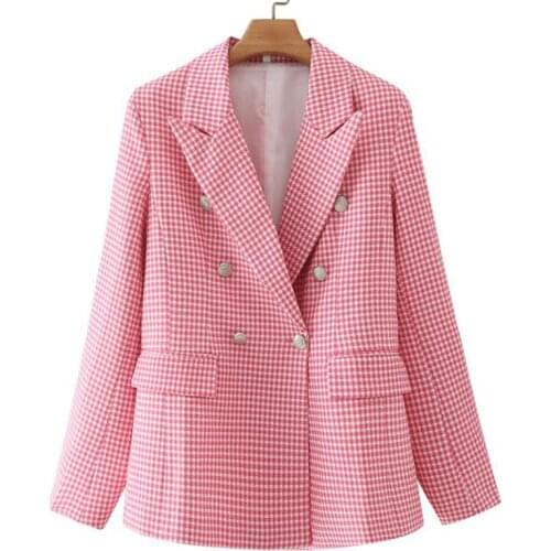 SeeBeautiful Casual Plaid Loose Blazer Coat Notched Long Sleeve Double Breasted Pockets Women Autumn 2021 New Fashion G161