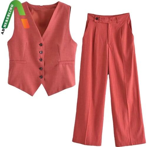 Adherebling Za Woman 2021 Casual Traf Outfits Female Autumn Slim Cropped Vest Gilets + Long Pant Suit OL Style Linen 2 Pie Set