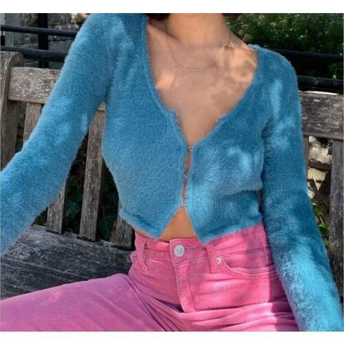 Woman Knitted Cardigan Cropped Sweater Warm Plush Tops Cute Lolita Style Sexy V-Neck Fashion Street Wear Clothes Fluffy Cardigan