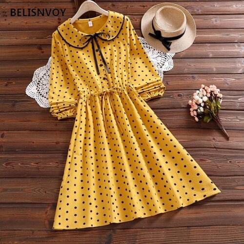 Japanese Mori Girl Autumn Spring Women Mini Dress Peter Pan Collar With Bow Apricot Polka Dot Vestidos Elegant Kawaii Dress