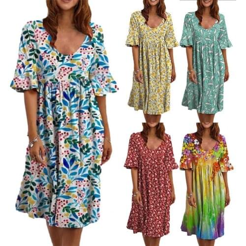Ladies Dress All-match Plus Size Beach Dresses Vestidos Half Sleeve Loose Female Women Ruffle Cuff Short Sleeve Dress Dresses