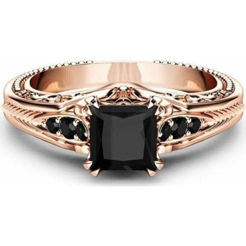 Vintage Black Zircon Princess Cut Stone Rings For Women Rose Gold Color Crystal Ring Elegant Female Wedding Jewelry Finger Bands