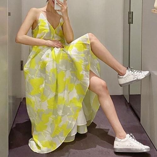 Fashion French Vintage Sexy Strap Sleeveless Maxi Party Dress Ladies Elegant Robe Casual Coffee Break Print Loose Beach Dress