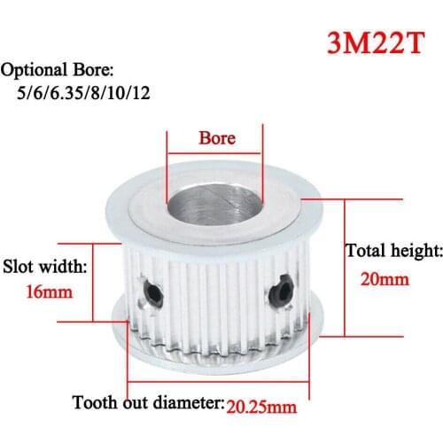 1PC HTD 3M 22T Timing Pulley 22Teeth 3M-22T 16mm Width Toothed Belt Pulley 5/6/6.35/7/8/10mm Bore Gear Pulley