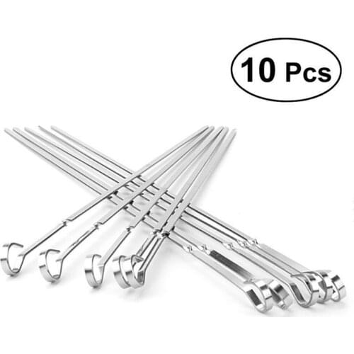 10pcs Stainless Steel BBQ Barbecue Kabob Flat Metal Grilling Skewers Set Reusable BBQ Sticks 17.7"