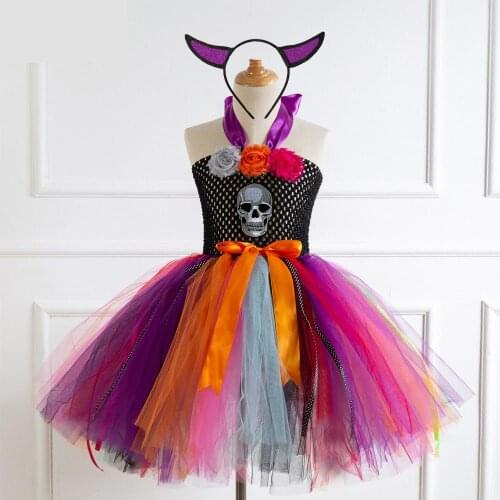 2019 Children Girls Rainbow Skull Tutu Dress Send Headwear Girls Fancy Halloween Purim Costume Handmade Kids Tulle Dress 2-12y