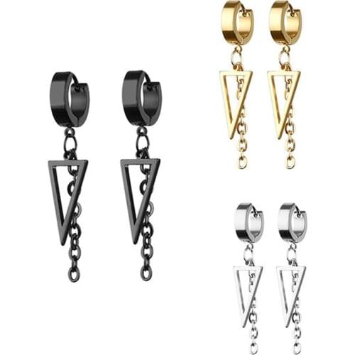 2021Trendy Triangle Long Chain Earrings for Men Unisex Jewelry Rock Hoop Earrings Stainless Steel Earrings Piercing Jewelry