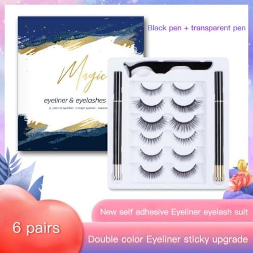 3D Mink Lashes Non Magnetic Eyelashes 6 Pairs Self-adhesive False Eyelashes Set 2 Black Transparent Eyeliner Waterproof TSLM2