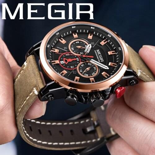 MEGIR Men Watch Top Brand Luxury Gold Chronograph Wristwatch Date Military Sport Leather Band Male Clock Relogio Masculino 2085