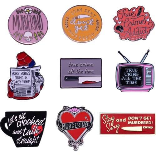 True crime enamel pin nonfiction literary and film inspired brooch