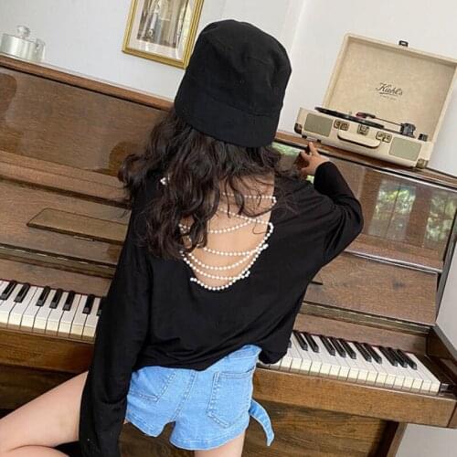 Girls' Backless Long Sleeve T-shirt 2021 Summer New Thin Air Conditioning Shirt Childrens All-match Loose Casual O-Neck Top